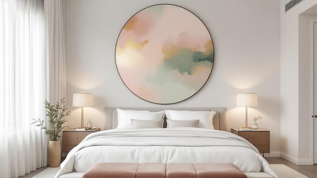 Moderne slaapkamer met groot rond akoestisch paneel in zachte aquarel tinten boven het bed