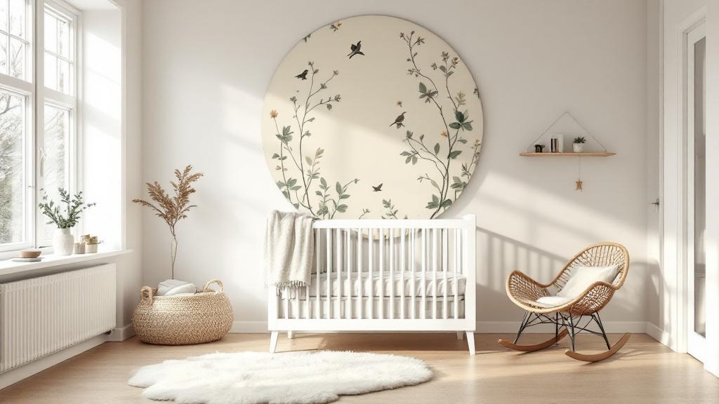 Moderne babykamer met een prachtig circulair akoestisch wandpaneel met botanische print achter het wiegje