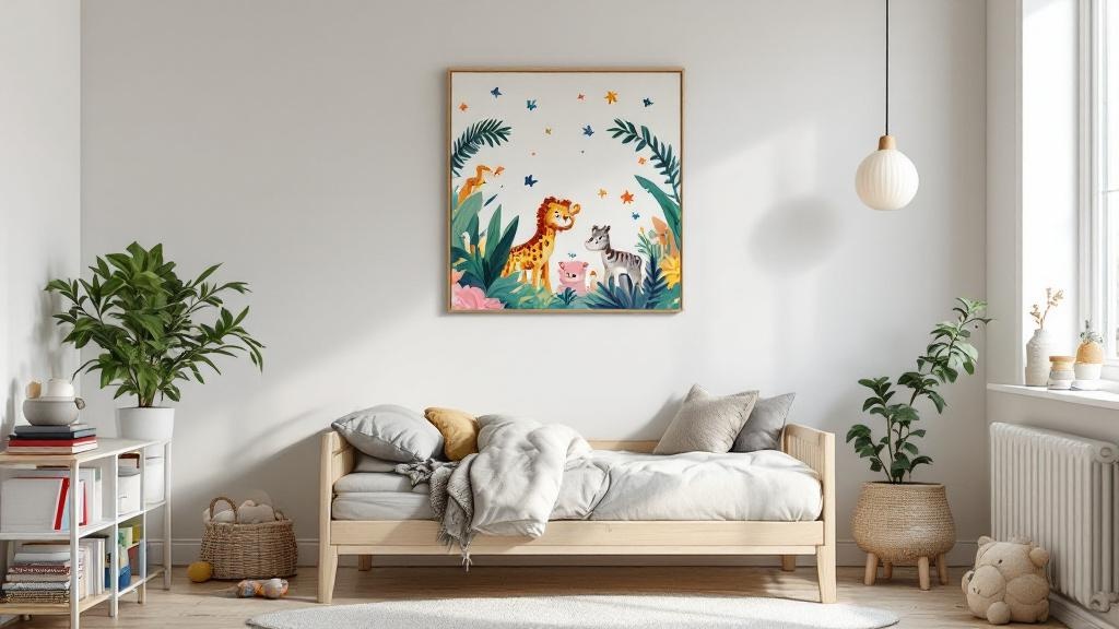 Kinderkamer met vierkant akoestisch paneel met kleurrijke jungle dieren illustratie boven een kinderbed