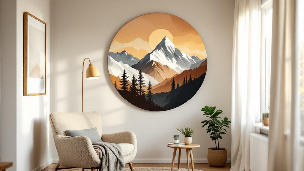 Woonkamer leeshoek met rond akoestisch paneel met berglandschap in aardse tinten