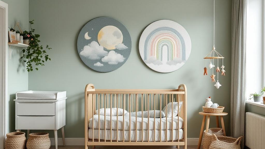 Babykamer met twee ronde akoestische panelen: maan en regenboog design op een zachte sage groene muur