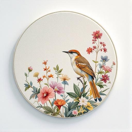 Close-up van een rond akoestisch PET-felt wandpaneel met botanische vogelillustratie, toont de premium vilttextuur